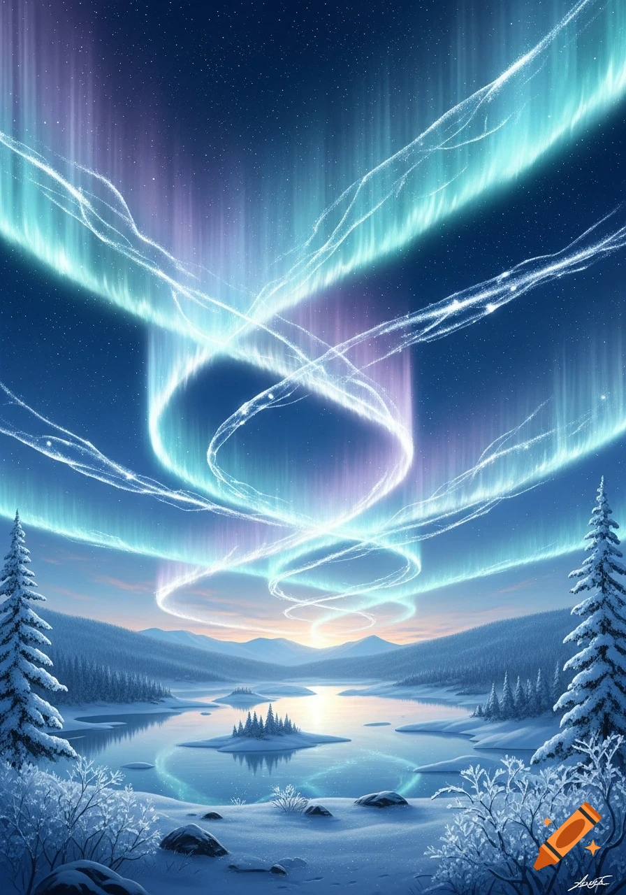Vibrant aurora borealis with swirling turquoise and purple lights over a serene winter landscape with snow-covered mountains, pine trees, and a reflective lake.
