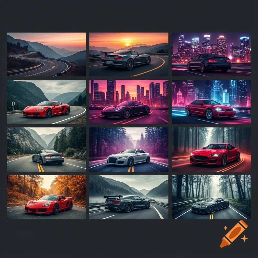 A grid of nine photorealistic images featuring luxury sports cars on roads through mountains, cityscapes, and forests at various times of day.