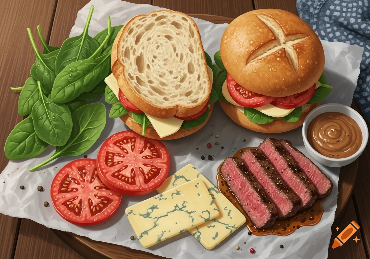 Photorealistic illustration of disassembled sandwich ingredients: bread, bun, spinach, tomatoes, two types of cheese, sliced steak, and sauce.