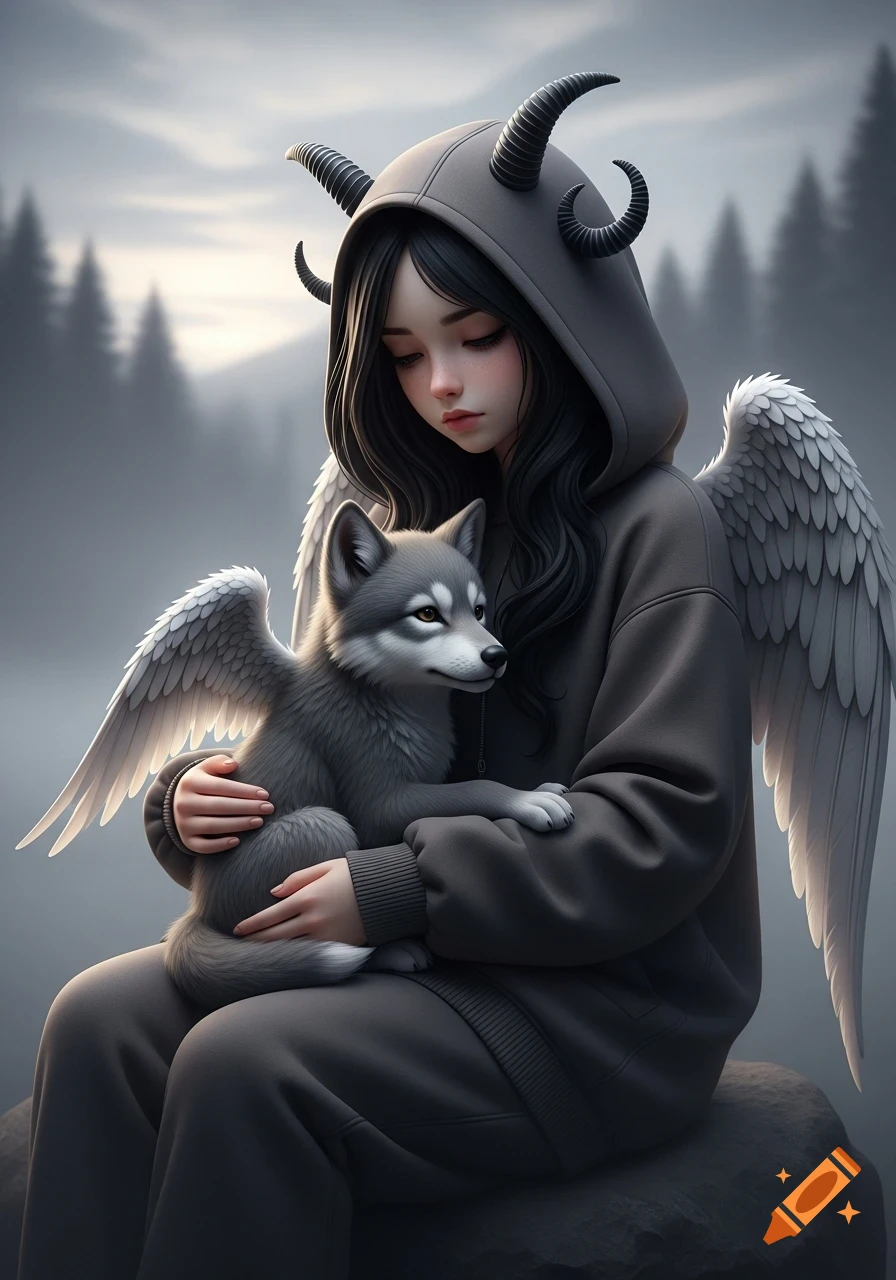 Digital art of a stylized girl with black hair, horns, and wings, wearing a gray hoodie, cradling a winged wolf cub in a misty forest.