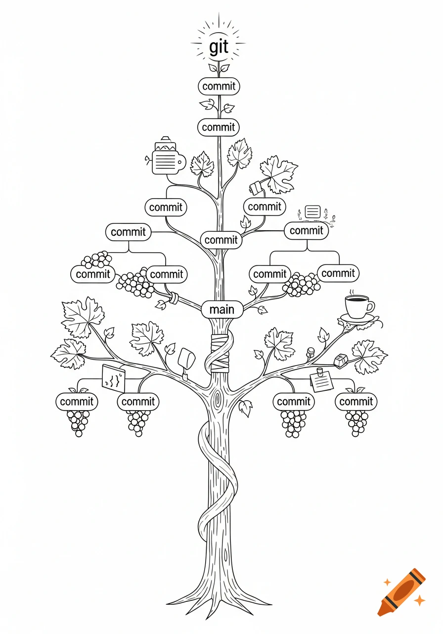 Minimalist black-and-white line art diagram of a git branching tree with a 'main' trunk, 'commit' grapes, and office elements.