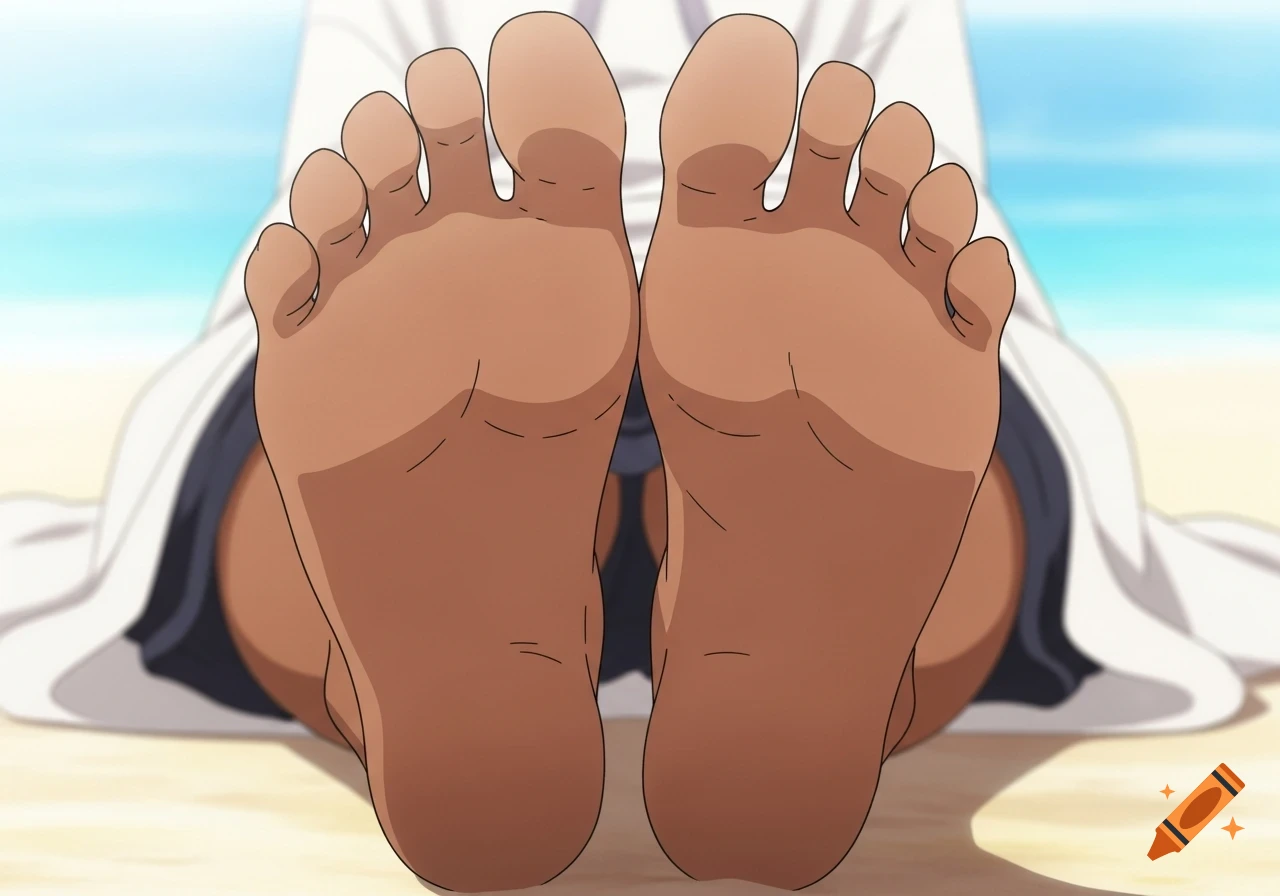 Closeup of anime style dark-skinned bare feet soles facing the camera on a sandy beach.