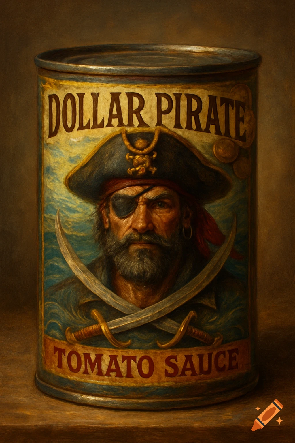 An oil painting style image of a can of Dollar Pirate Tomato Sauce, featuring a pirate with an eyepatch and crossed cutlasses.