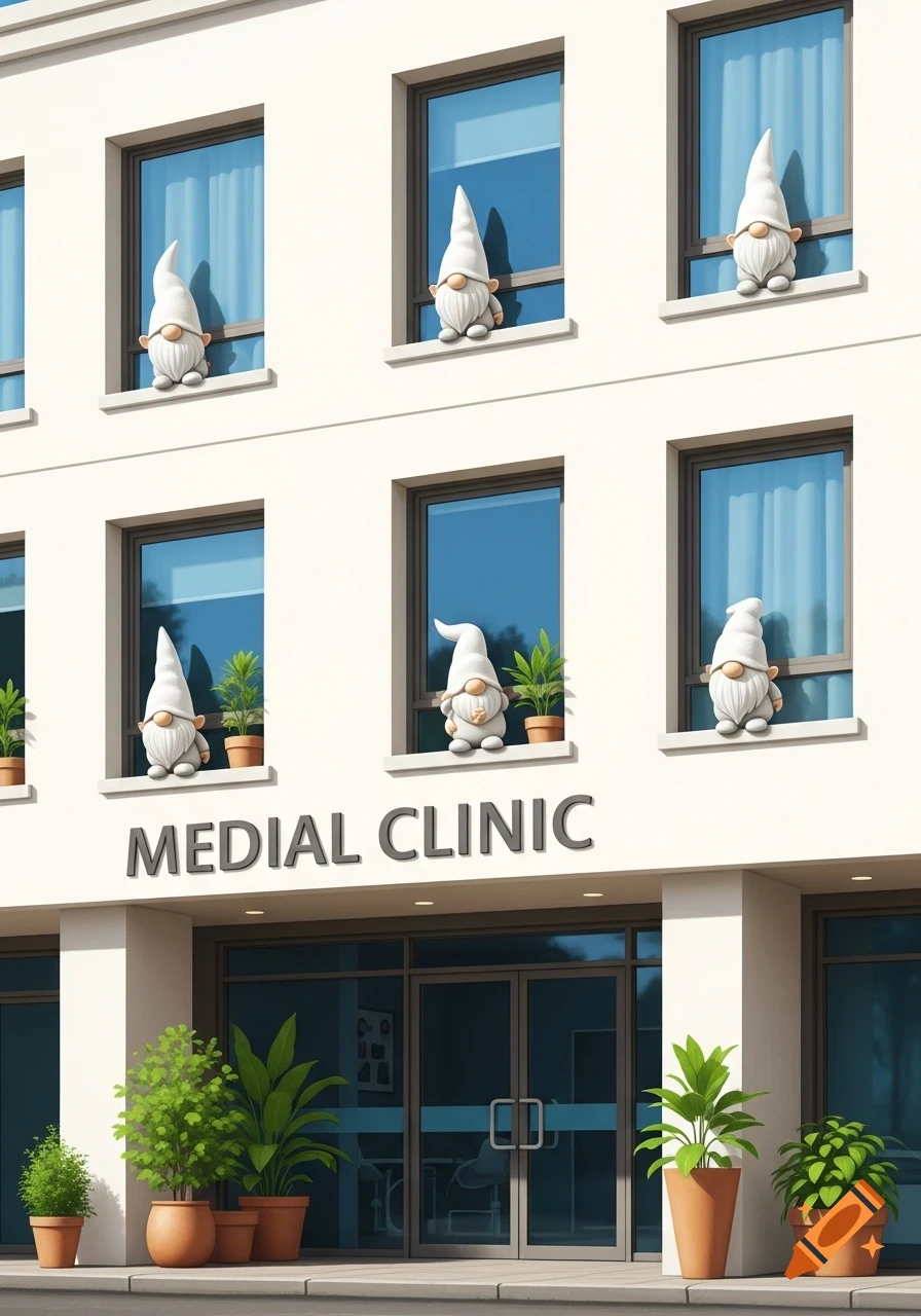 A white clinic building with a 'MEDIAL CLINIC' sign, featuring windows with small white gnomes and potted plants at the entrance.