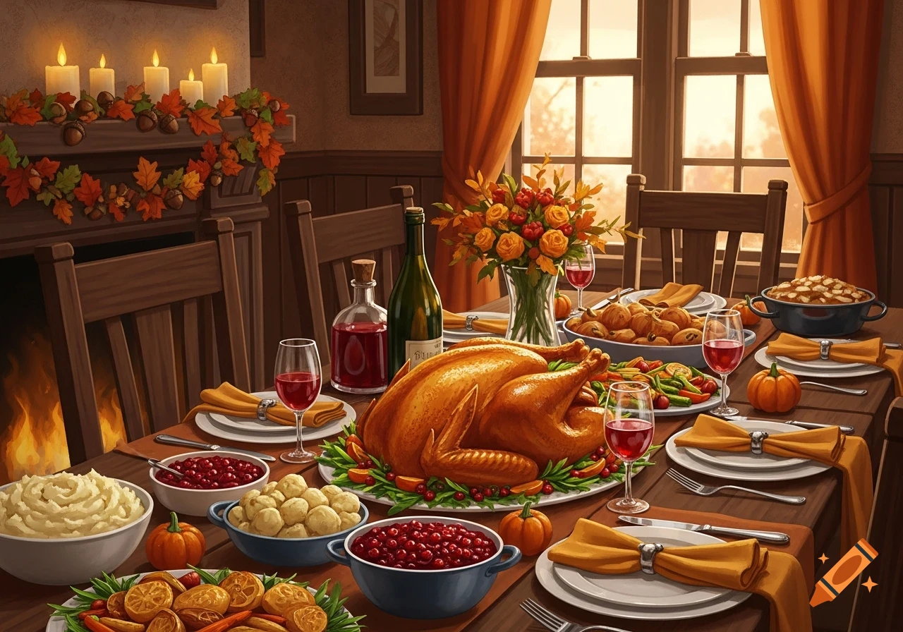 A festive Thanksgiving dinner table laden with a roasted turkey, side dishes, wine, candles, and a fireplace, with warm sunlight through a window.