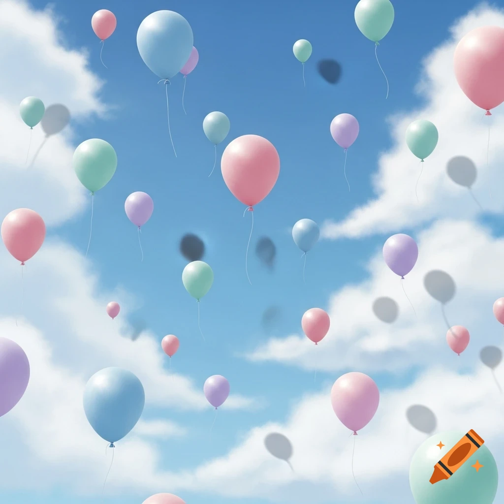 Numerous pastel-colored balloons floating in a bright blue sky with soft white clouds.