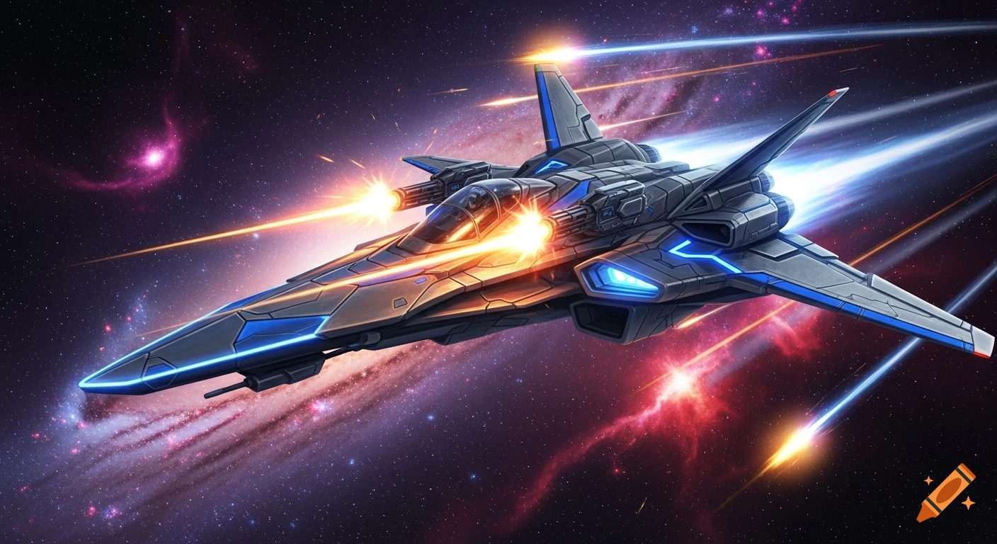 Futuristic gray and blue fighter spaceship firing energy blasts while flying through a star-filled nebula.