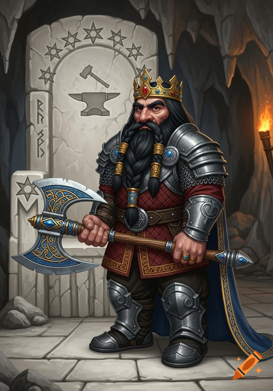 A dwarf king with a long black braided beard and a gold crown wears ornate armor and a red tunic, holding a large blue and gold axe in a stone cavern.