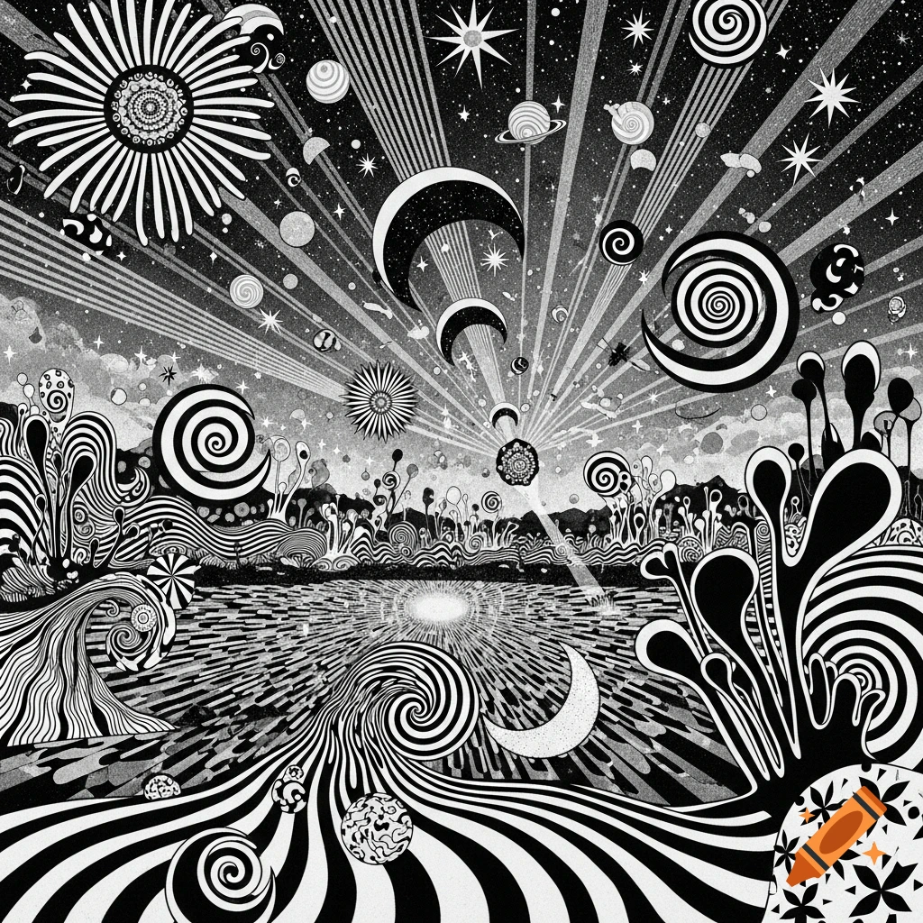 Black and white psychedelic landscape with swirling patterns, moons, stars, and abstract plants, creating a retro sci-fi background.
