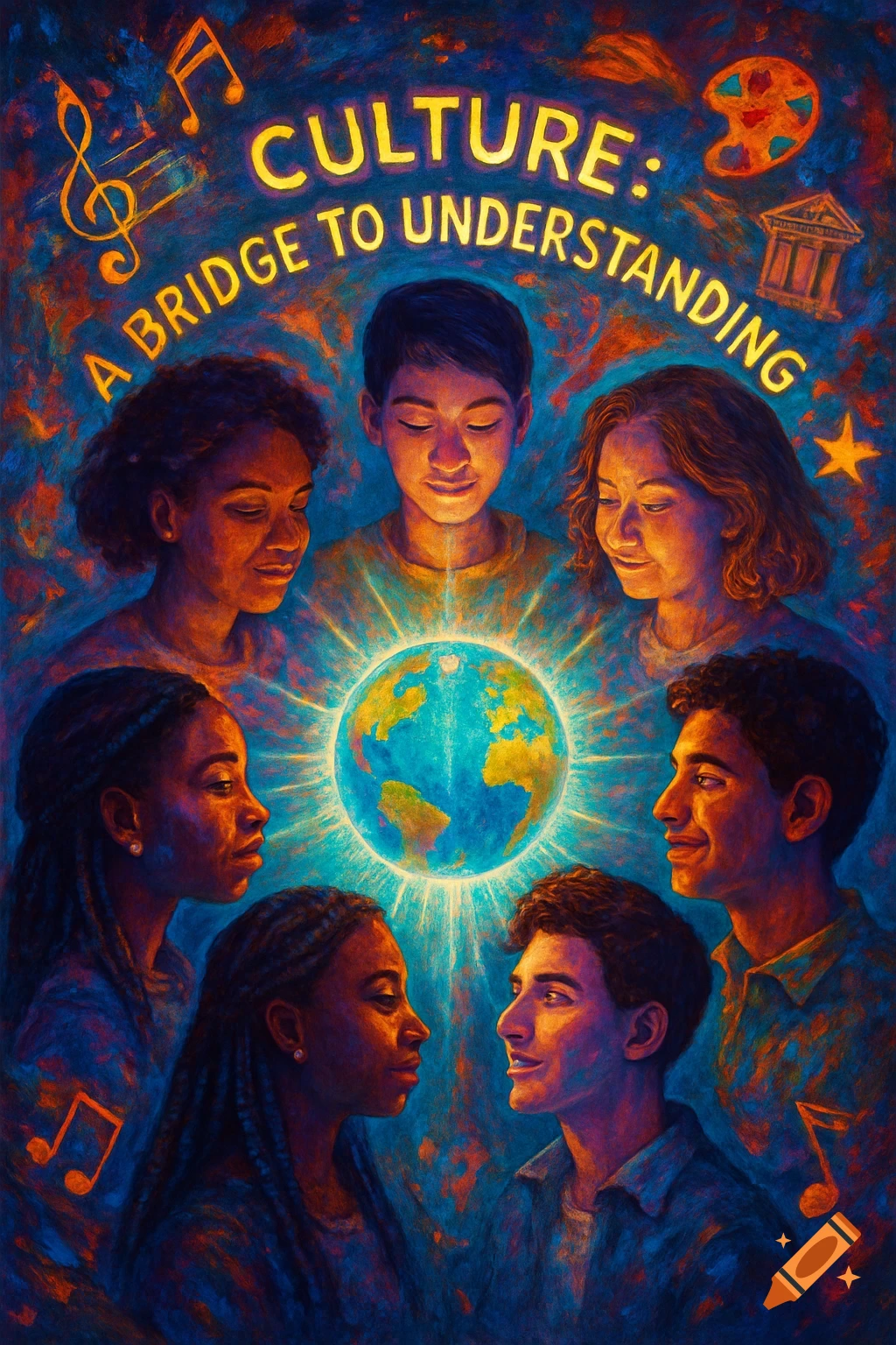 People of diverse backgrounds surround a glowing globe, with musical notes and art symbols around the text 'CULTURE: A BRIDGE TO UNDERSTANDING' in a painterly style.