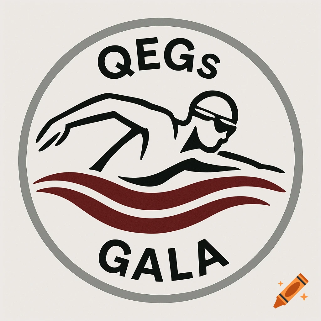 A circular logo with a stylized black swimmer over red waves, text 'QEGs' on top and 'GALA' on the bottom.