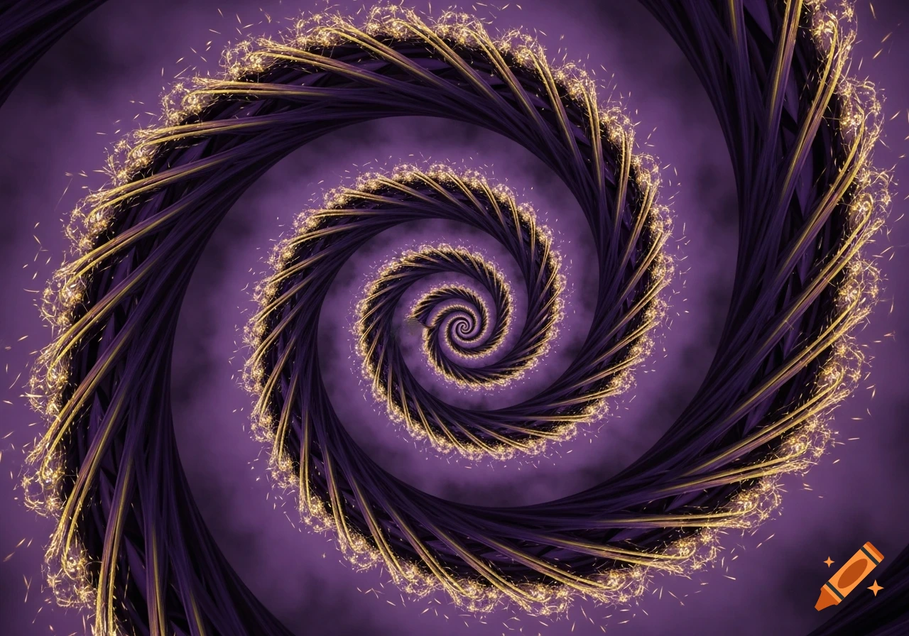 An intricate abstract fractal spiral in shimmering gold and deep purple.