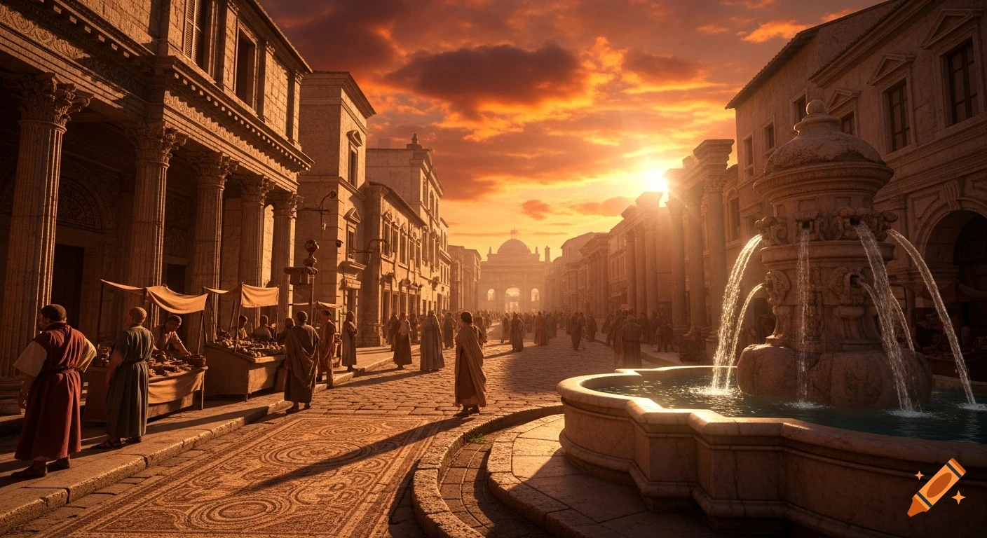 An ancient Roman street scene at sunset, with a busy market, a large fountain, and classical buildings under a vibrant orange sky.