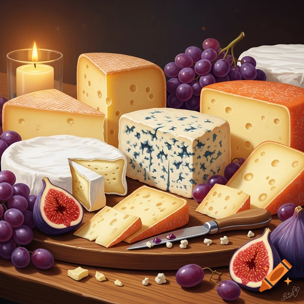 A still life of various cheeses, including blue cheese and brie, with grapes, figs, and a lit candle on a wooden board.