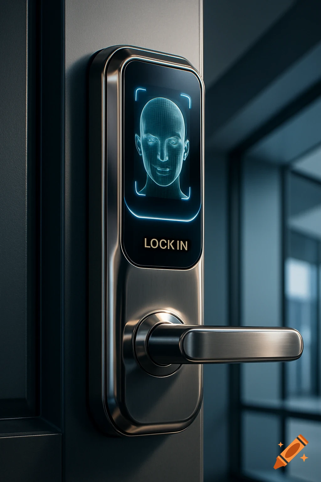 Close-up of a modern smart lock with facial recognition showing a glowing blue face outline and 'LOCK IN' text on its screen.