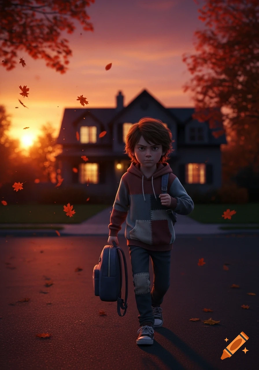 A stylized child in a patchwork hoodie walks with a backpack on an autumn street at sunset, a house in the background.