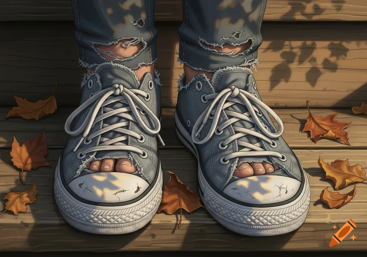 Illustrative close-up of bare feet peeking through torn grey sneakers and ripped jeans, standing on wooden planks with scattered autumn leaves.