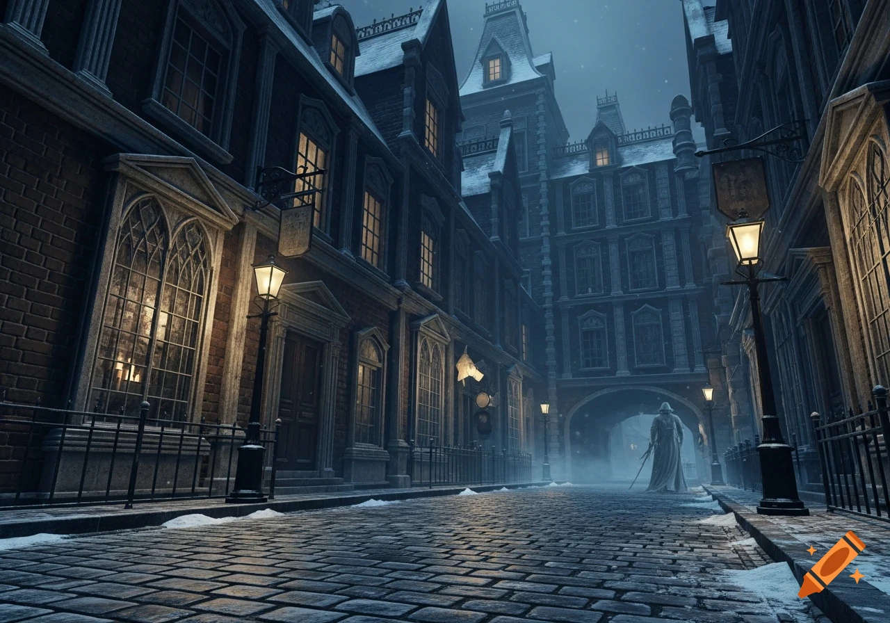 A dark, snowy Victorian street at night, with a cloaked figure walking into the misty distance between tall buildings.