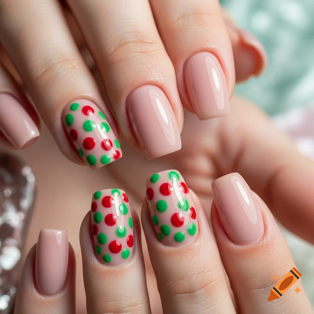 Close-up of hands with manicured nails, featuring nude/pink polish and some nails with festive green and red polka dots.