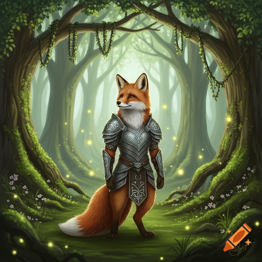 A fantasy illustration of an anthropomorphic fox in ornate silver armor standing in an enchanted forest with glowing lights.