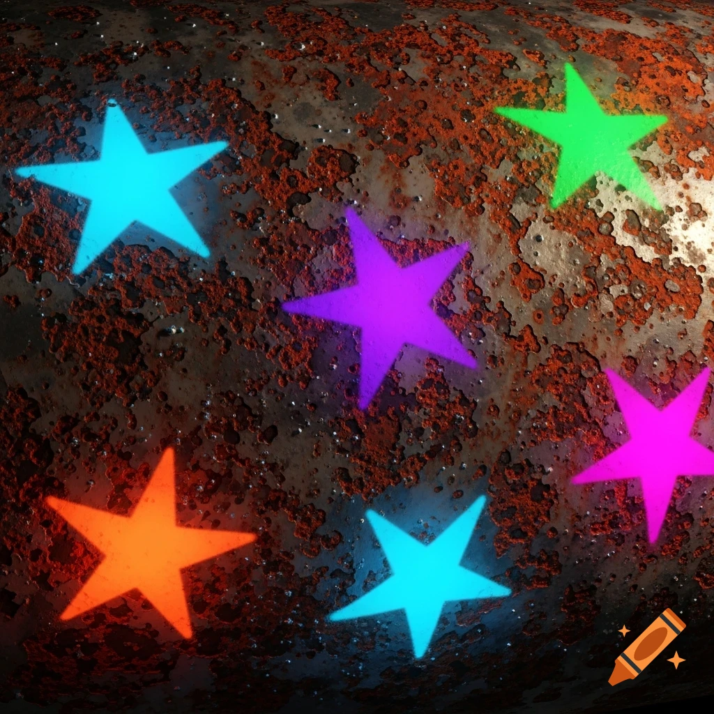 Colorful glowing graffiti stars on a dark, rusty metal surface.