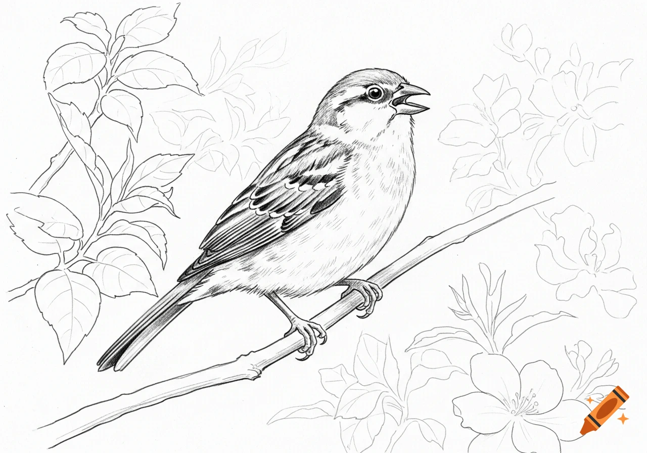 A detailed black and white sketch of a small bird perched on a branch, with lightly outlined leaves and flowers in the background.
