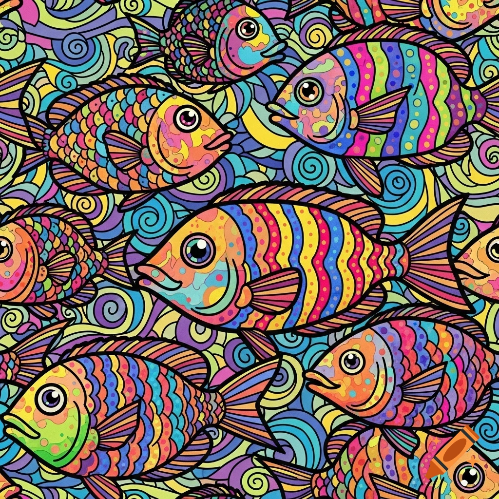 A vibrant pop art pattern of colorful, stylized fish swimming amidst swirling abstract waves.