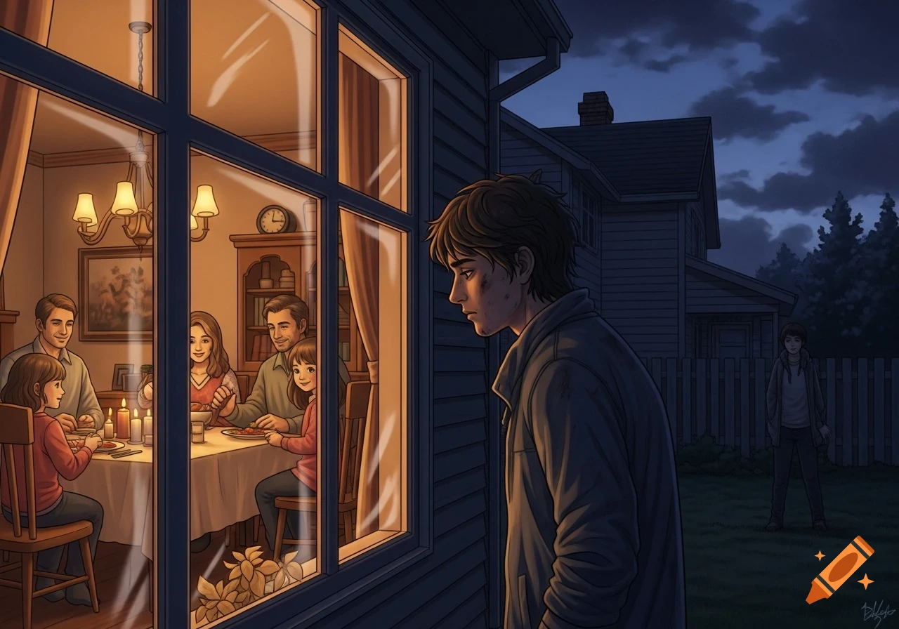 An illustrated person stands outside a house at night, watching a happy family eating dinner inside a brightly lit home.