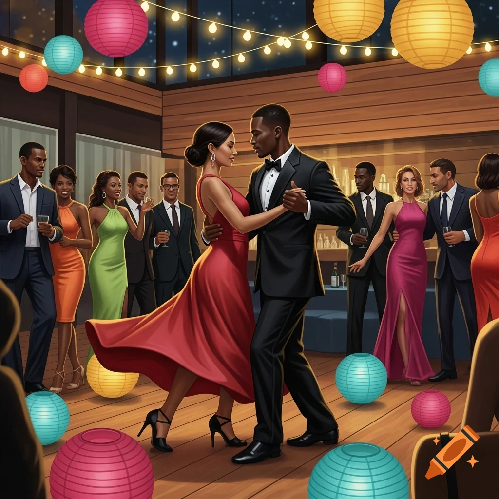 An illustrated scene of a couple dancing at a vibrant indoor party with string lights and lanterns, while other guests socialize.