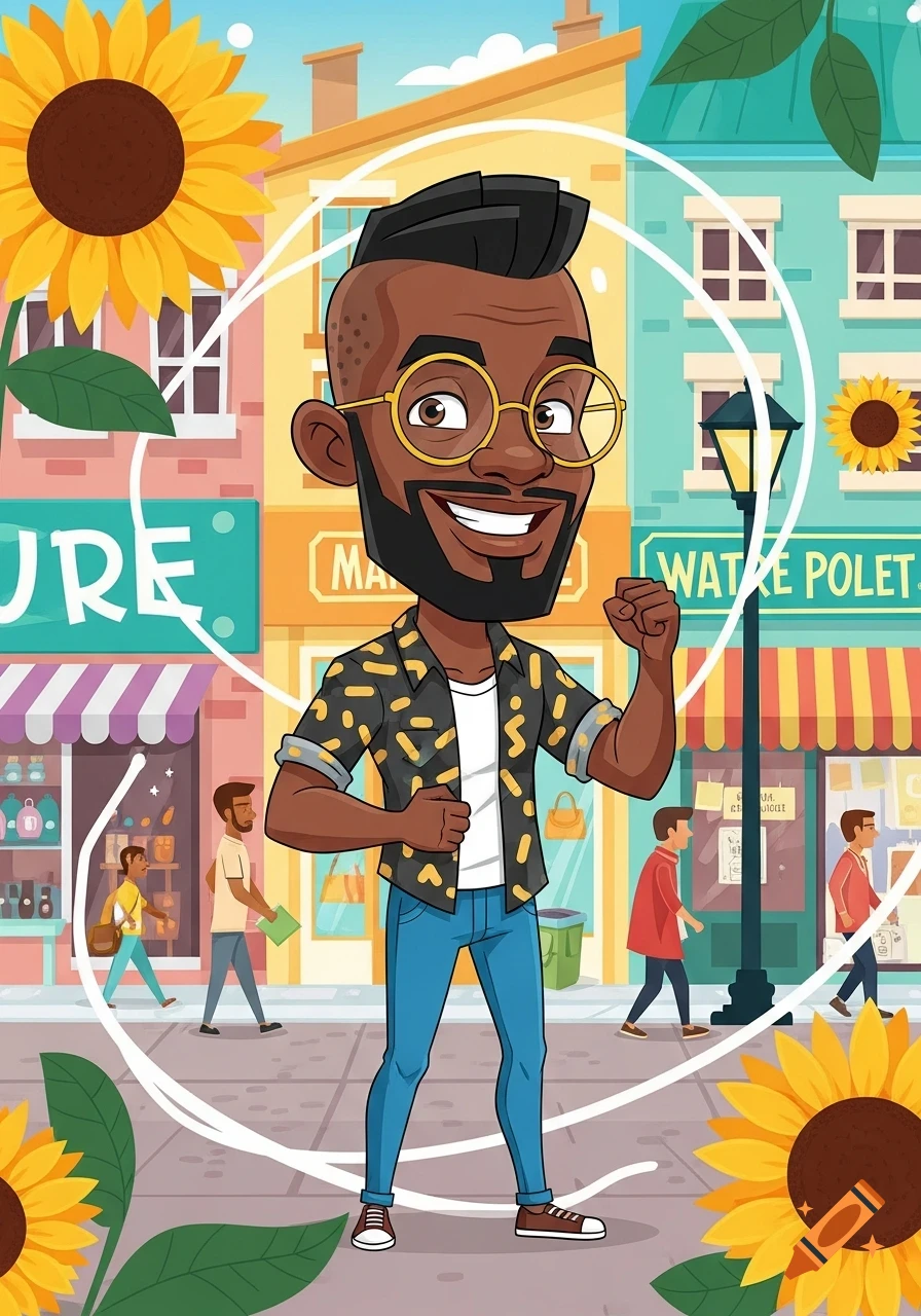 A cartoon African American man with glasses, a beard, and a shaved head smiles energetically on a city street with sunflowers.