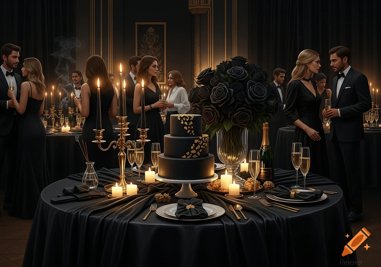 A lavish black and gold anniversary party with formally dressed guests, a tiered cake, black roses, and champagne, all set in a dimly lit elegant room.