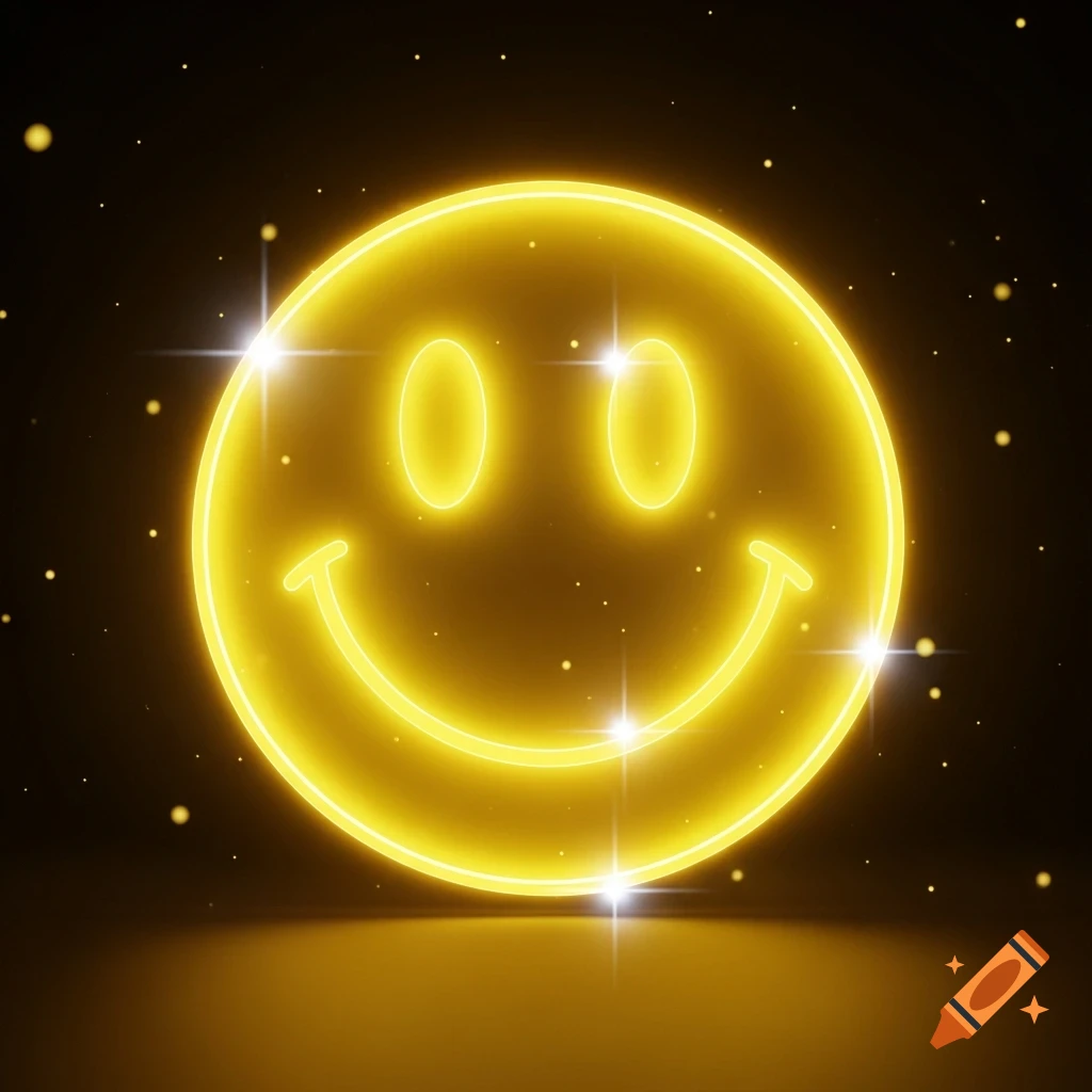 A glowing yellow neon smiley face with sparkling particles, casting a reflection on a dark surface.