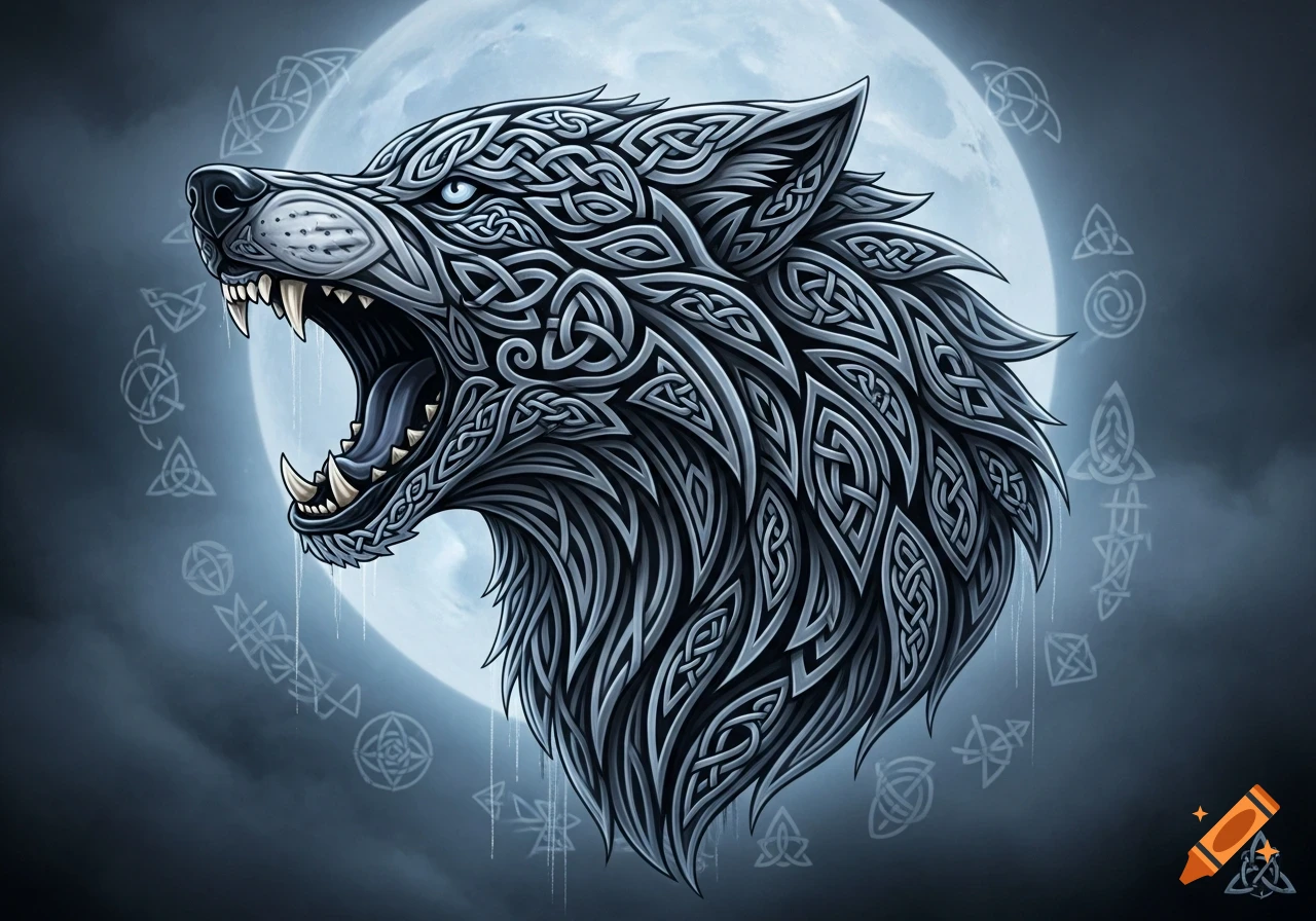 Stylized wolf head made of intricate Celtic knots, roaring with an open mouth, against a full moon backdrop.