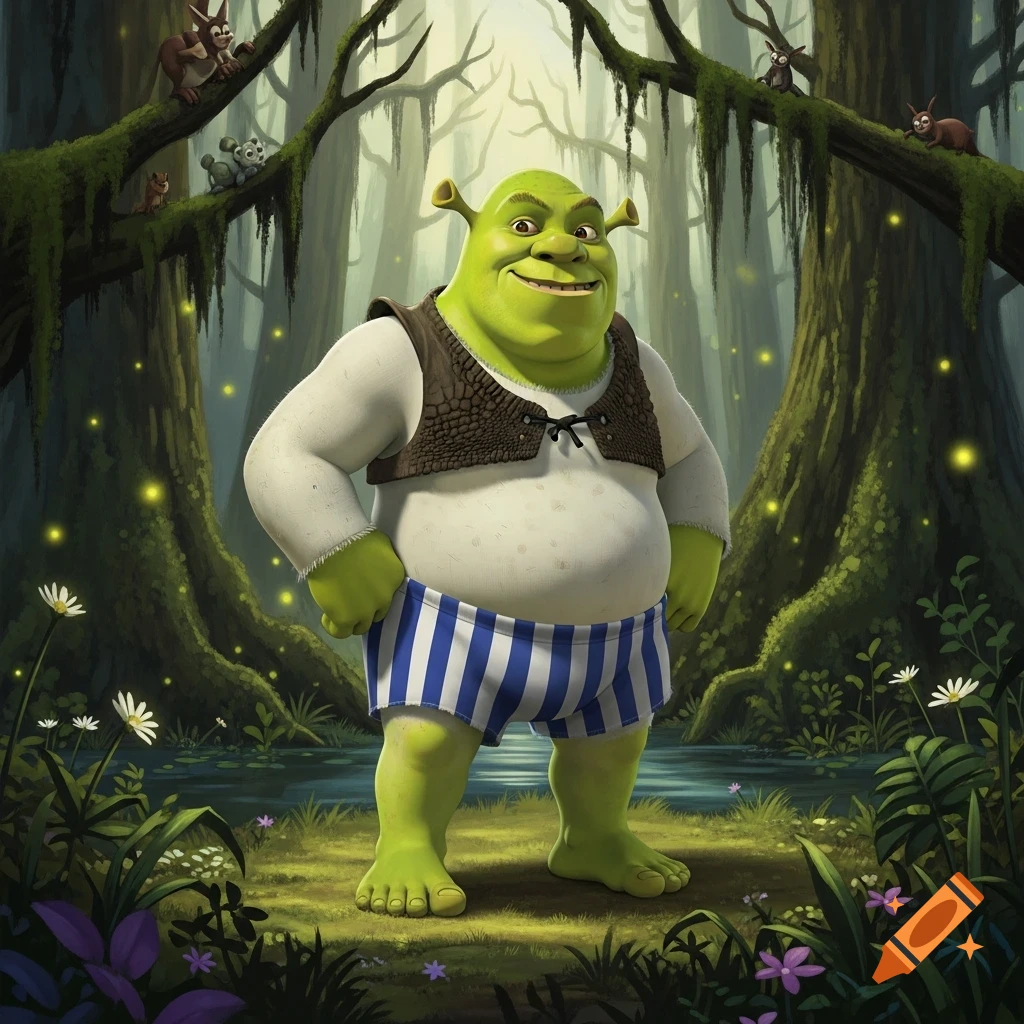 Shrek in a white undershirt, vest, and blue striped briefs stands smiling in a magical, mossy forest with fireflies and small creatures.