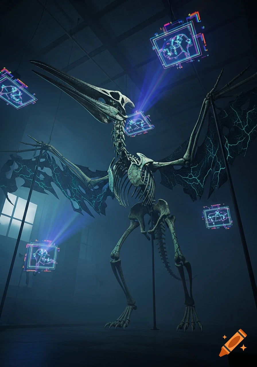 A pterodactyl skeleton display in a dim, futuristic museum, illuminated by blue light beams from hovering holographic screens showing abstract patterns.