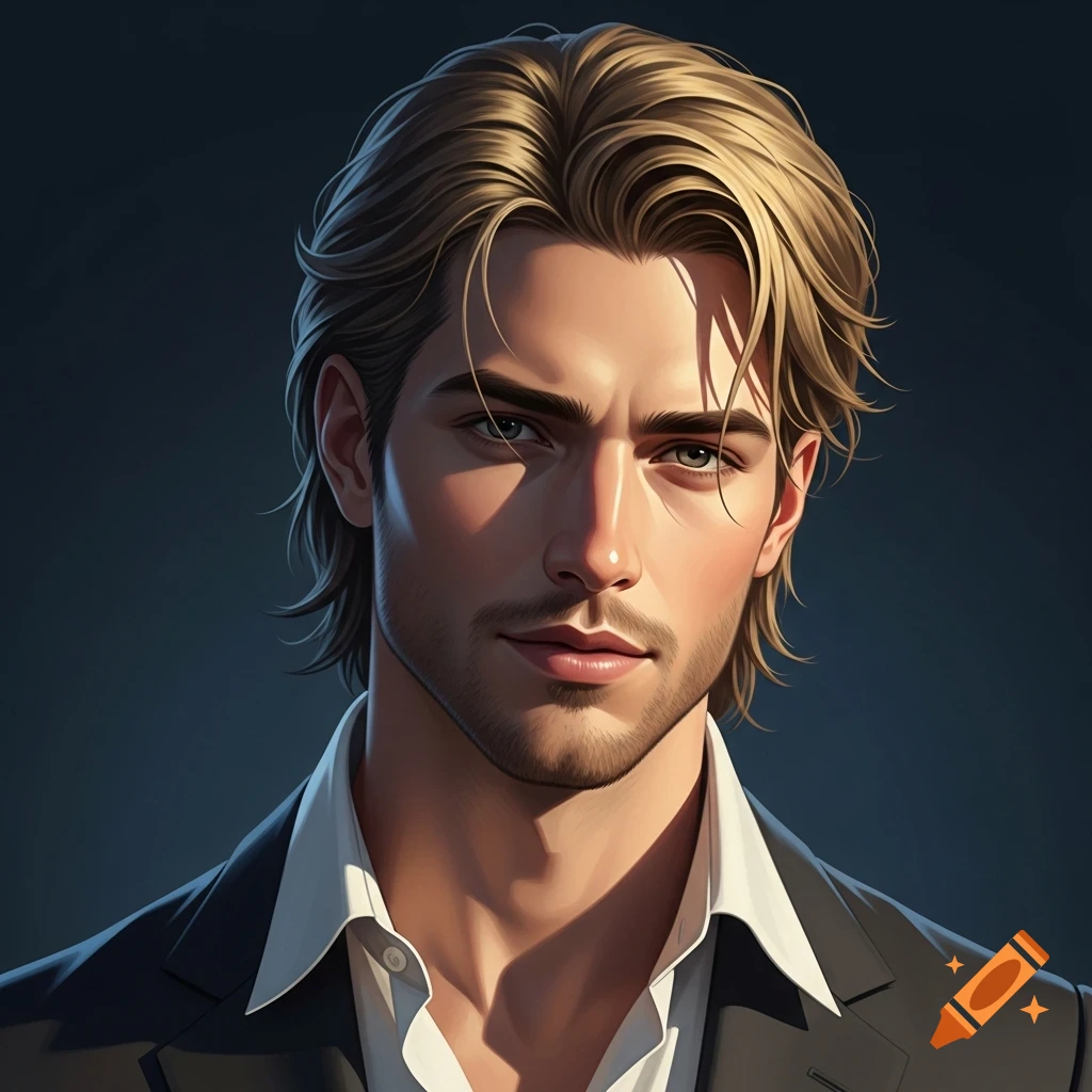 Digital art portrait of a handsome man with honey-blonde wavy hair, stubble, and a sharp jawline, wearing a suit.