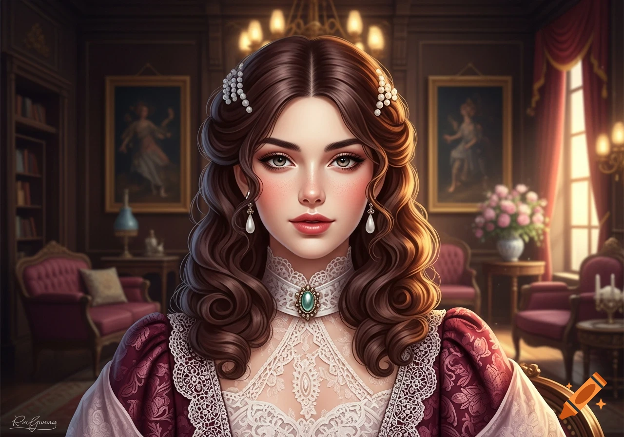 A portrait of a woman with long curly brown hair and pearl accessories, wearing an elaborate Victorian-era dress with lace, in a richly decorated room.