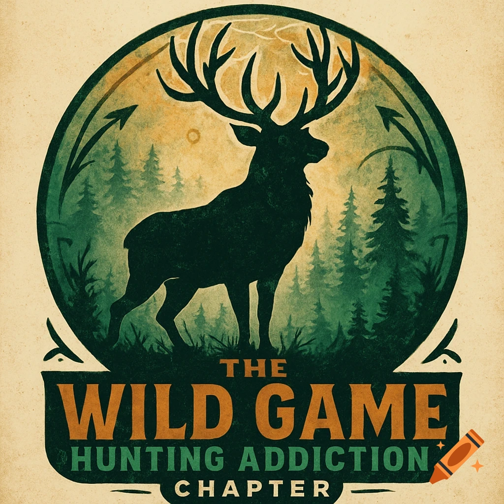 Vintage-style hunting logo with a deer silhouette against a forest backdrop, text reads 'The Wild Game Hunting Addiction Chapter'.