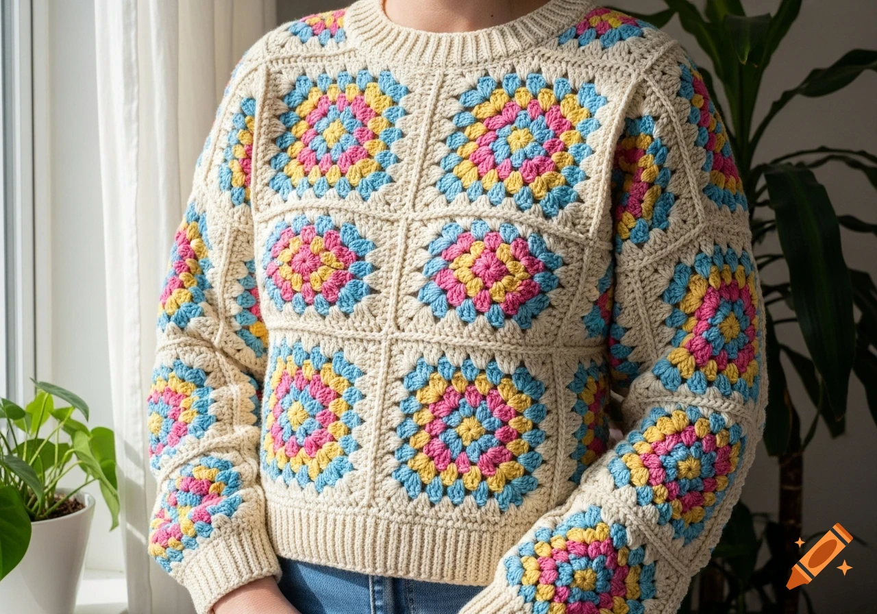 A person wears a cream crochet sweater with pink, yellow, and sky blue geometric patterns.