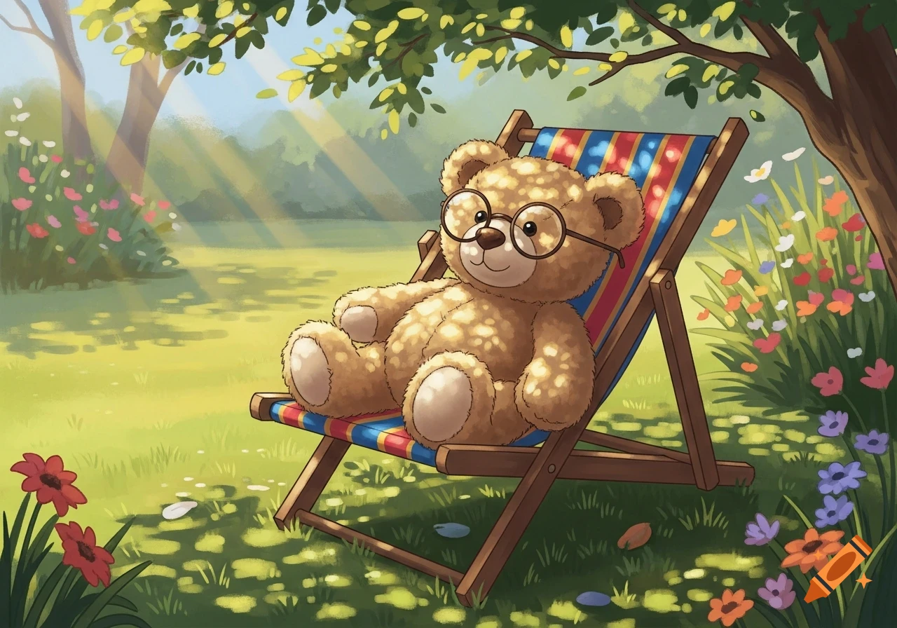 A cute cartoon teddy bear with round glasses sits in a striped deck chair in a sunny, flower-filled garden.