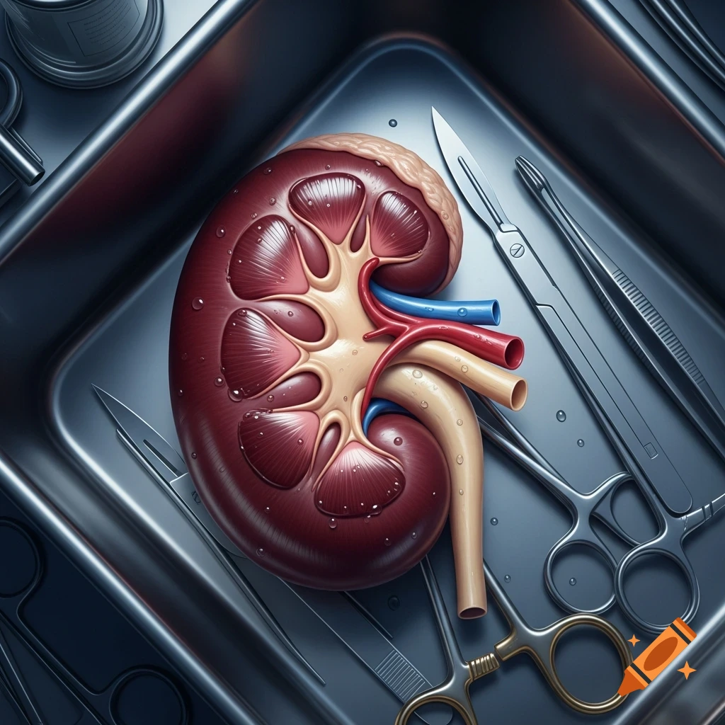 A detailed cross-section of a human kidney in a metallic surgical tray with scalpels and medical instruments.