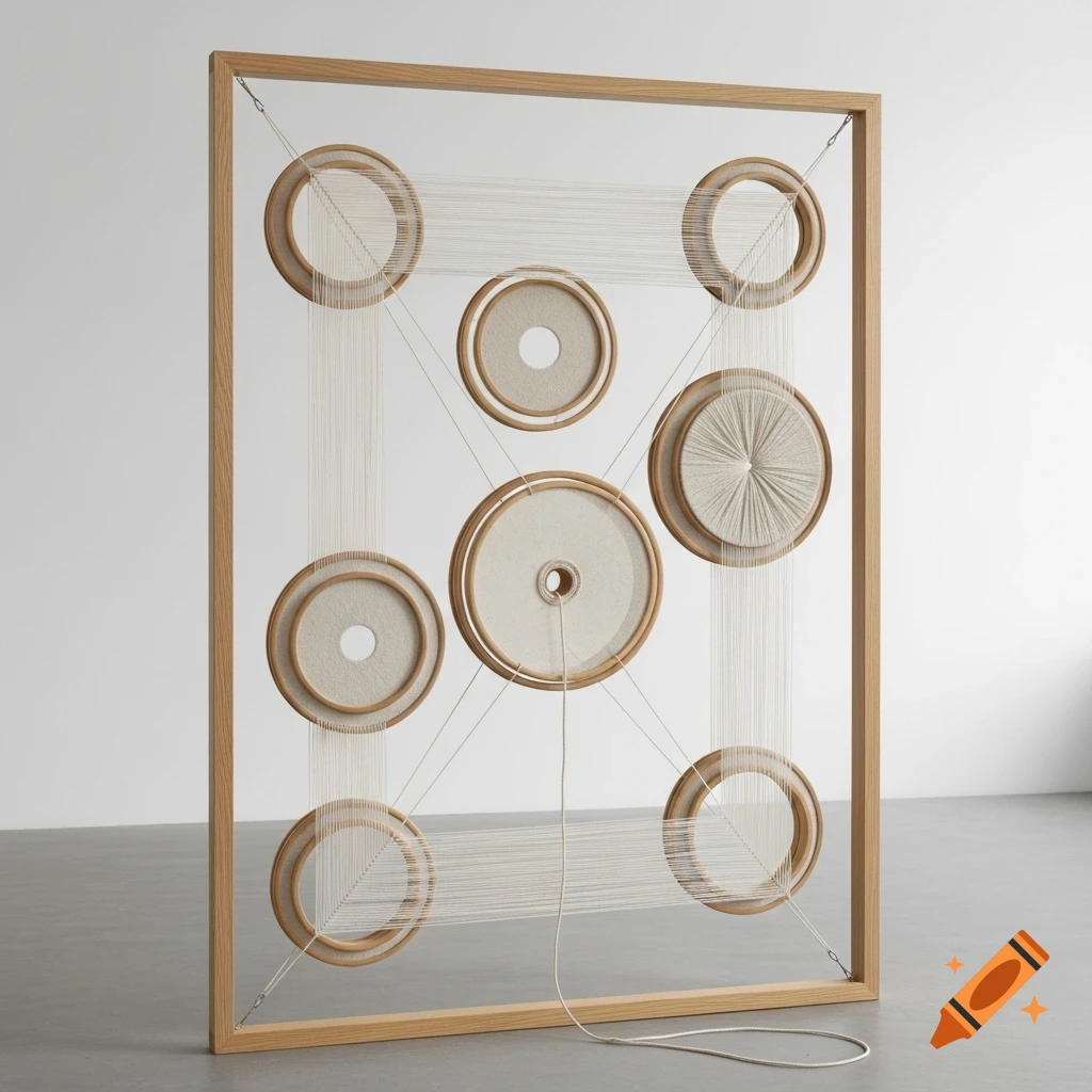 A large wooden frame displays an abstract textile installation with circular objects woven with delicate linen threads, in a minimal studio.