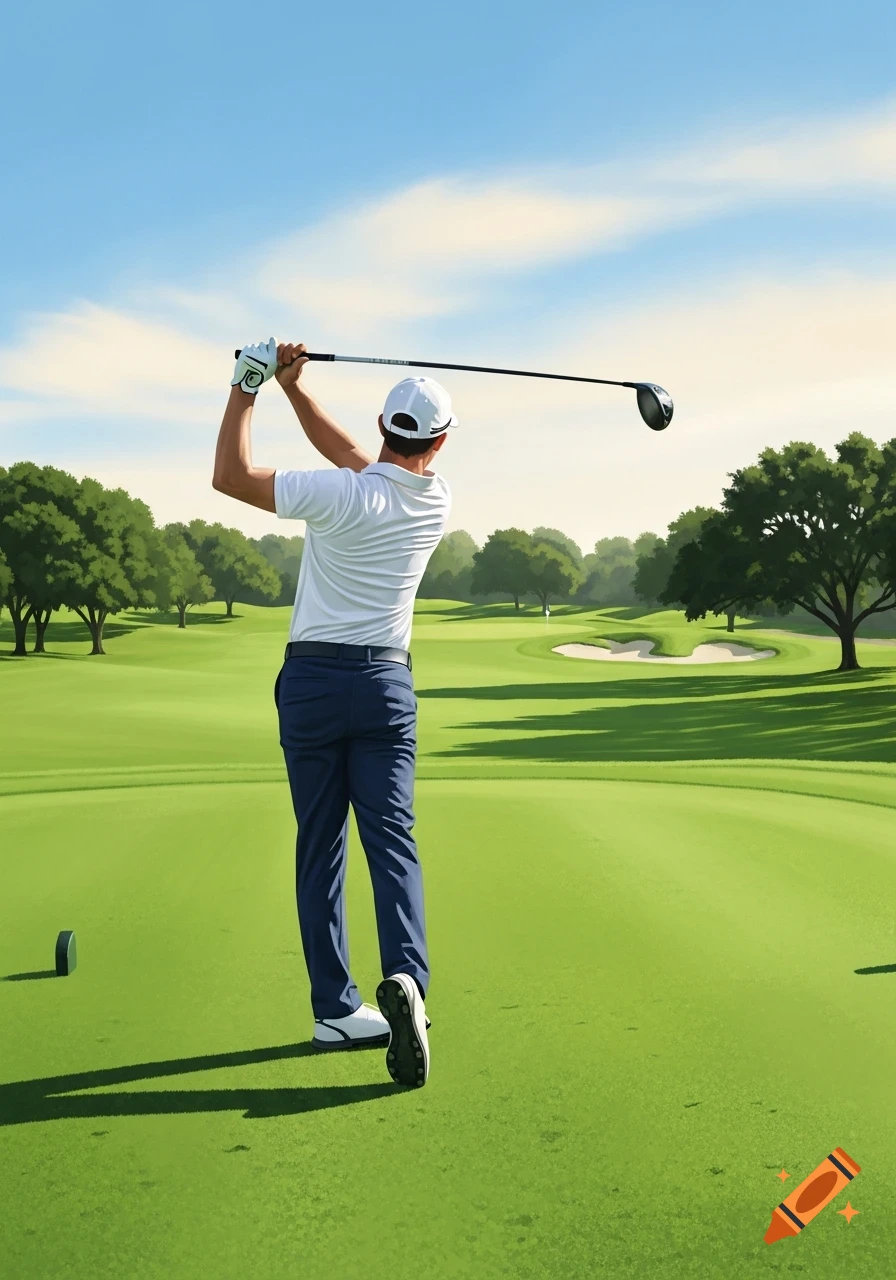 A golfer in a white shirt and blue pants, seen from behind, swings a club at the top of their backswing on a green golf course.
