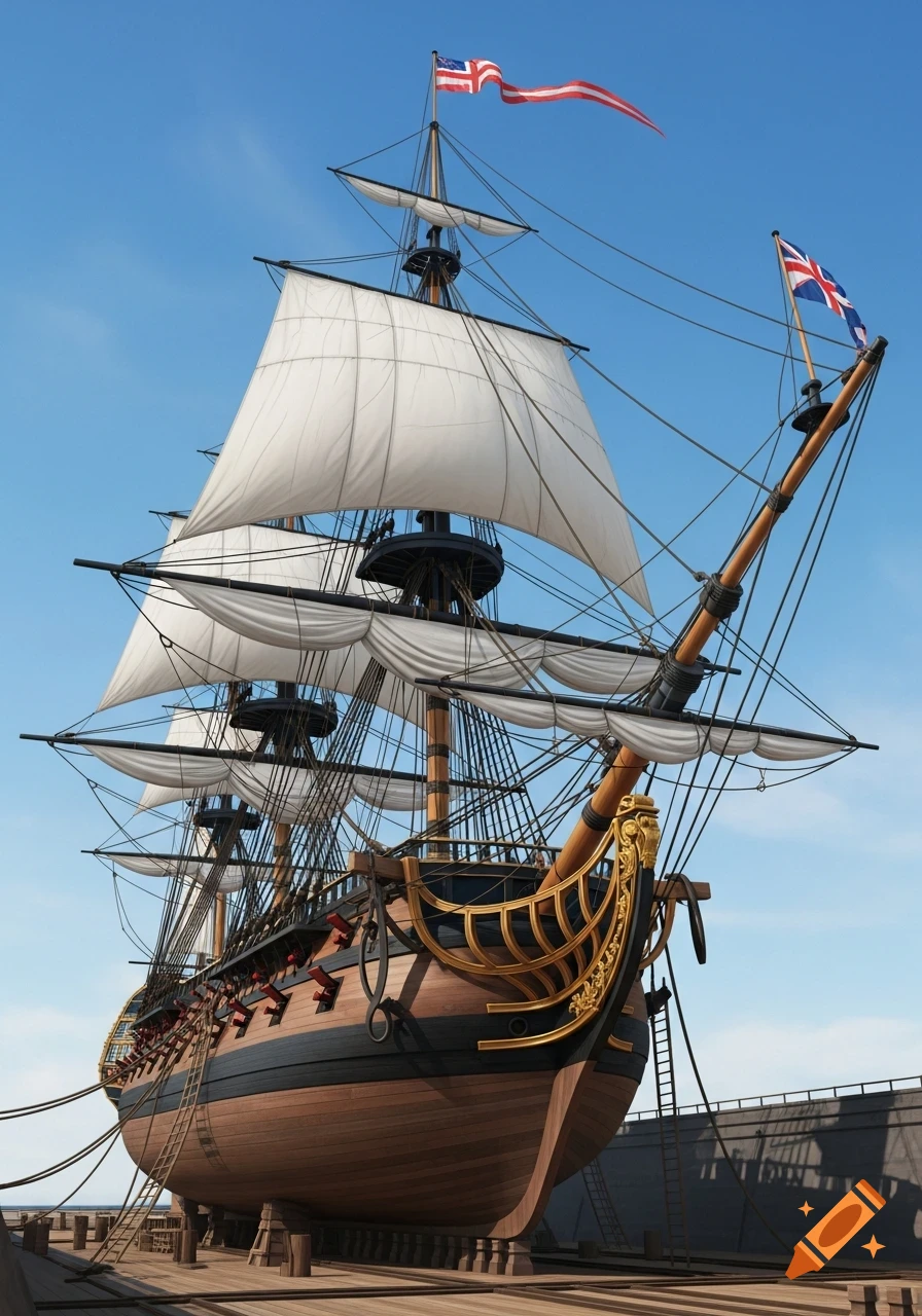 A detailed, low-angle view of a large historical sailing ship with multiple white sails and rigging, docked on a wooden platform against a clear blue sky.