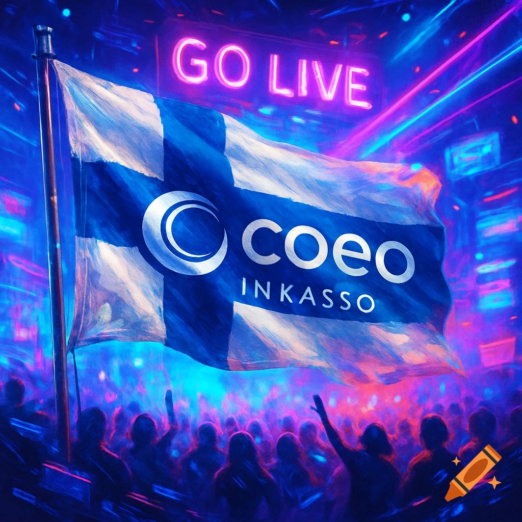 Finnish flag with 'coeo inkasso' logo waves above a silhouetted crowd at a vibrant, neon-lit 'GO LIVE' party.