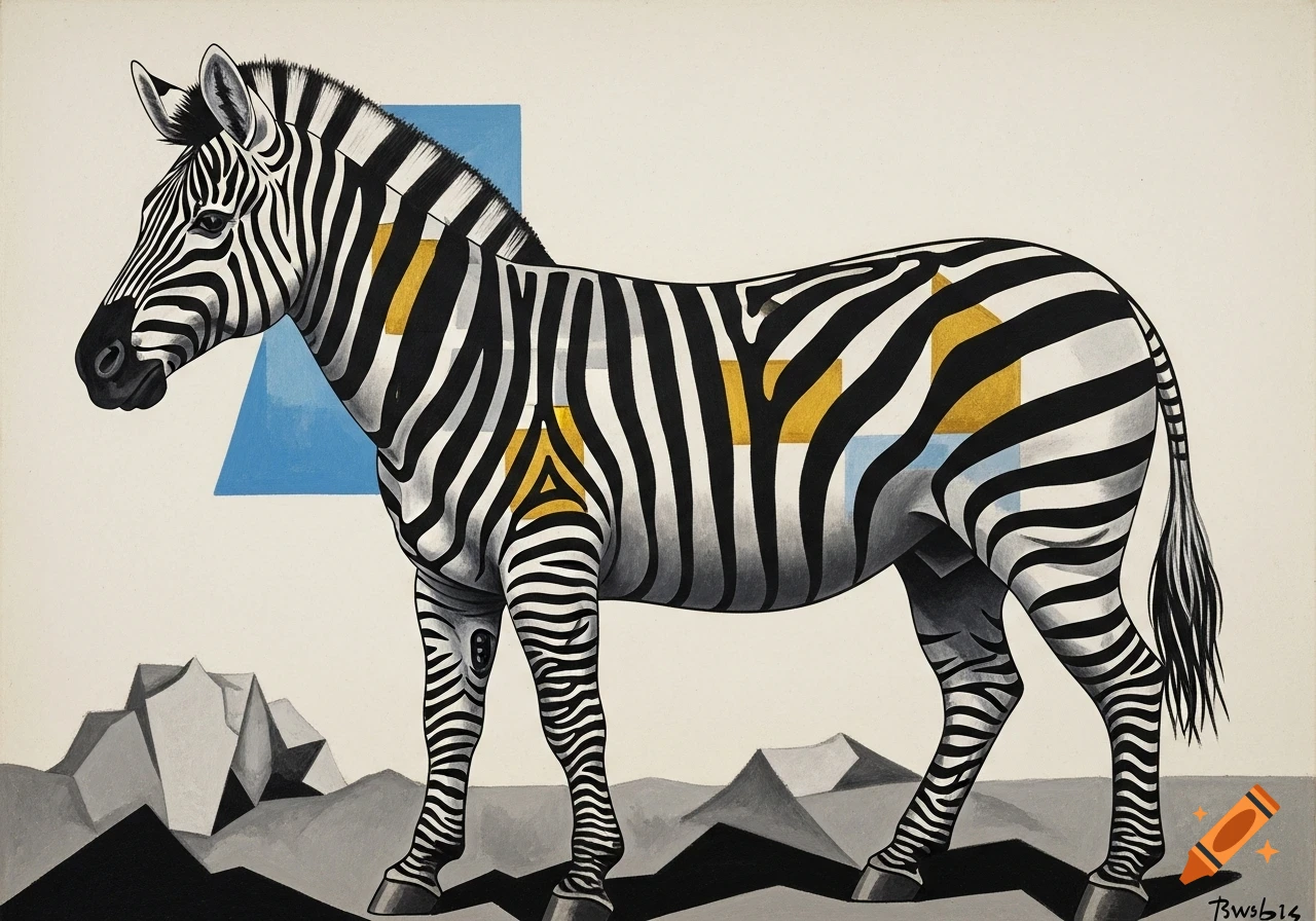A stylized zebra in the Cubist style, featuring black and white stripes with yellow and light blue geometric shapes, standing on abstract grey terrain.
