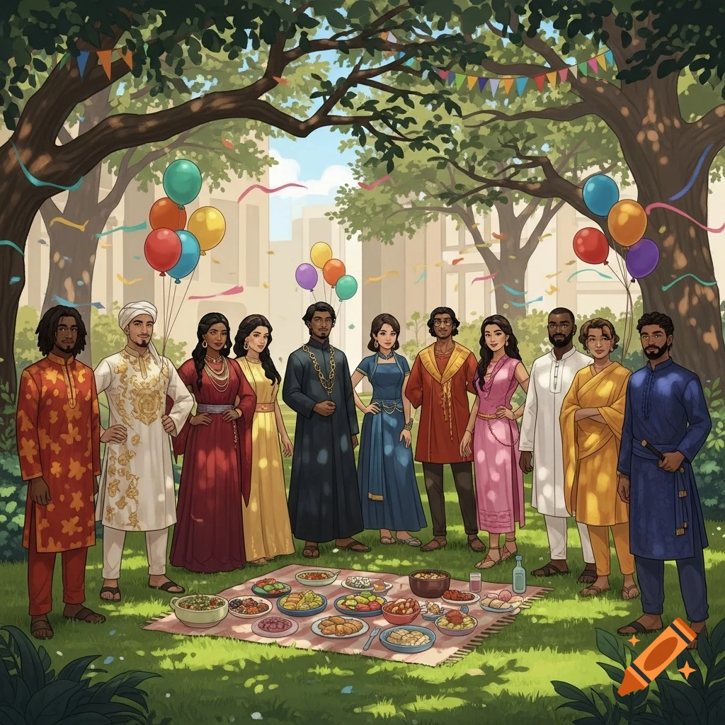 An illustration of a diverse group of people in traditional attire gathered around a picnic blanket with food under large trees in a park.