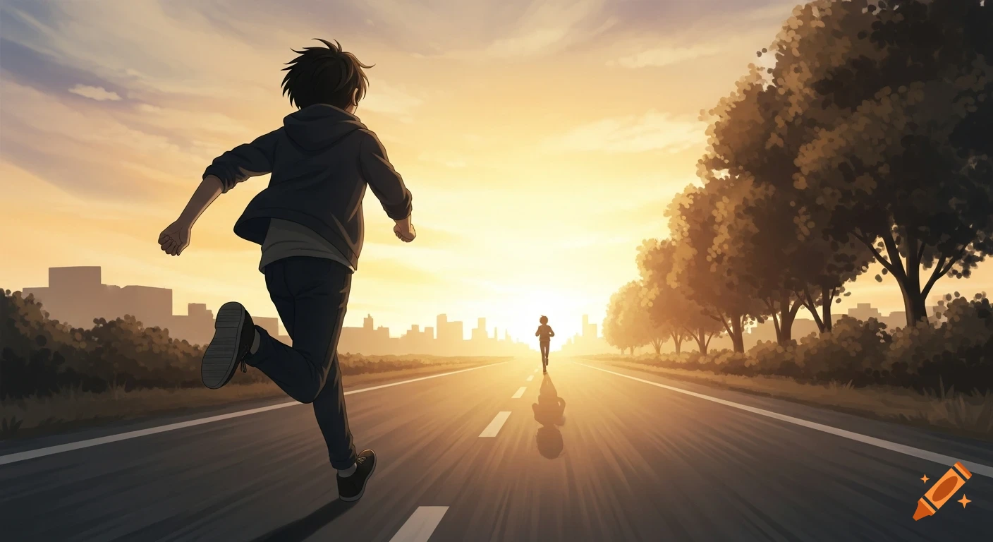 Anime-style illustration of a person running on a long road towards a distant figure at sunset, with a city skyline.