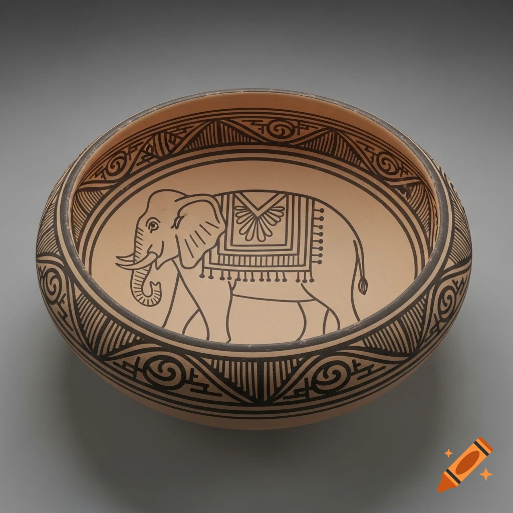 A Mimbres-style ceramic bowl features a black line drawing of a decorated elephant inside, surrounded by geometric patterns.
