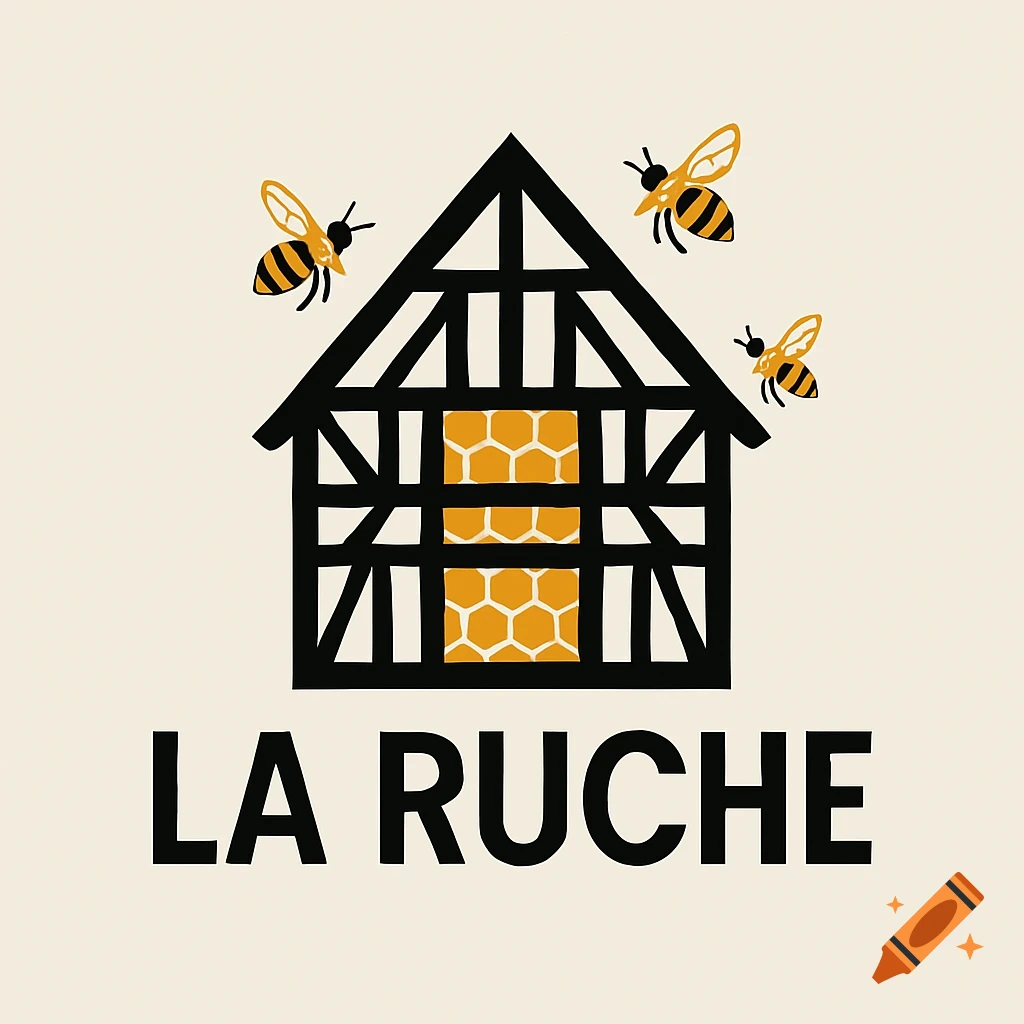 Modern logo with a timber-framed house, honeycomb windows, three bees, and the text "LA RUCHE".